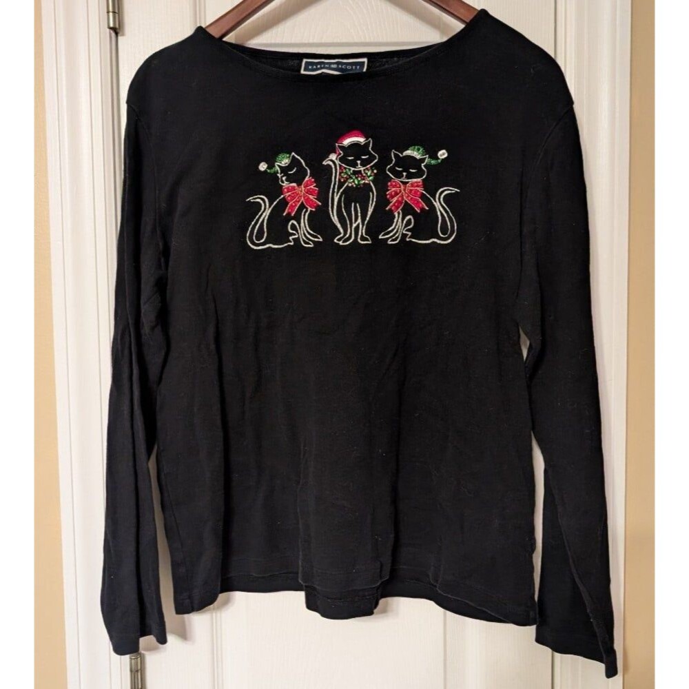 Karen Scott Black Long Sleeve Cat Christmas T-Shirt